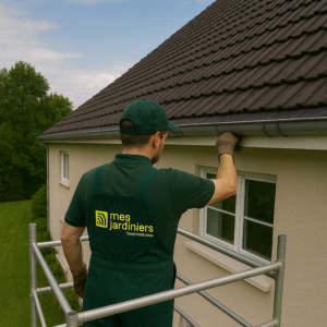 Un paysagiste de mes jardiniers nettoie des gouttières et cheneaux